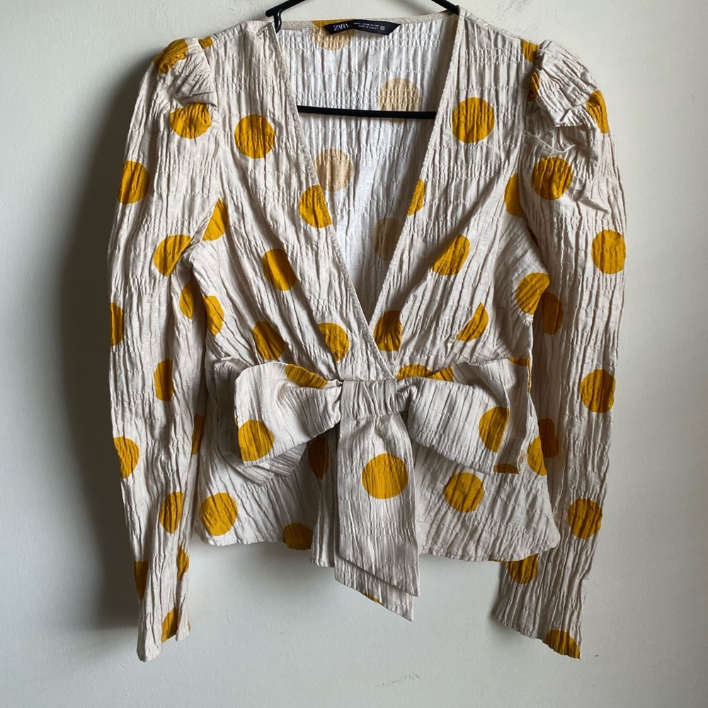 Zara Blouse Women’s Yellow Polka Dot Bow Top Medium